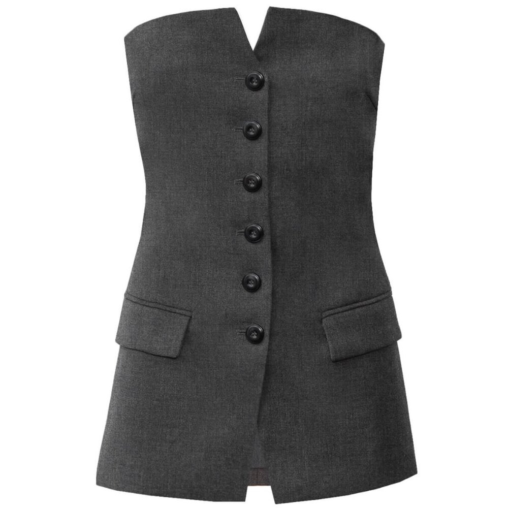 Pixie Market Button Strapless Top, Grey Melange, … - image 1